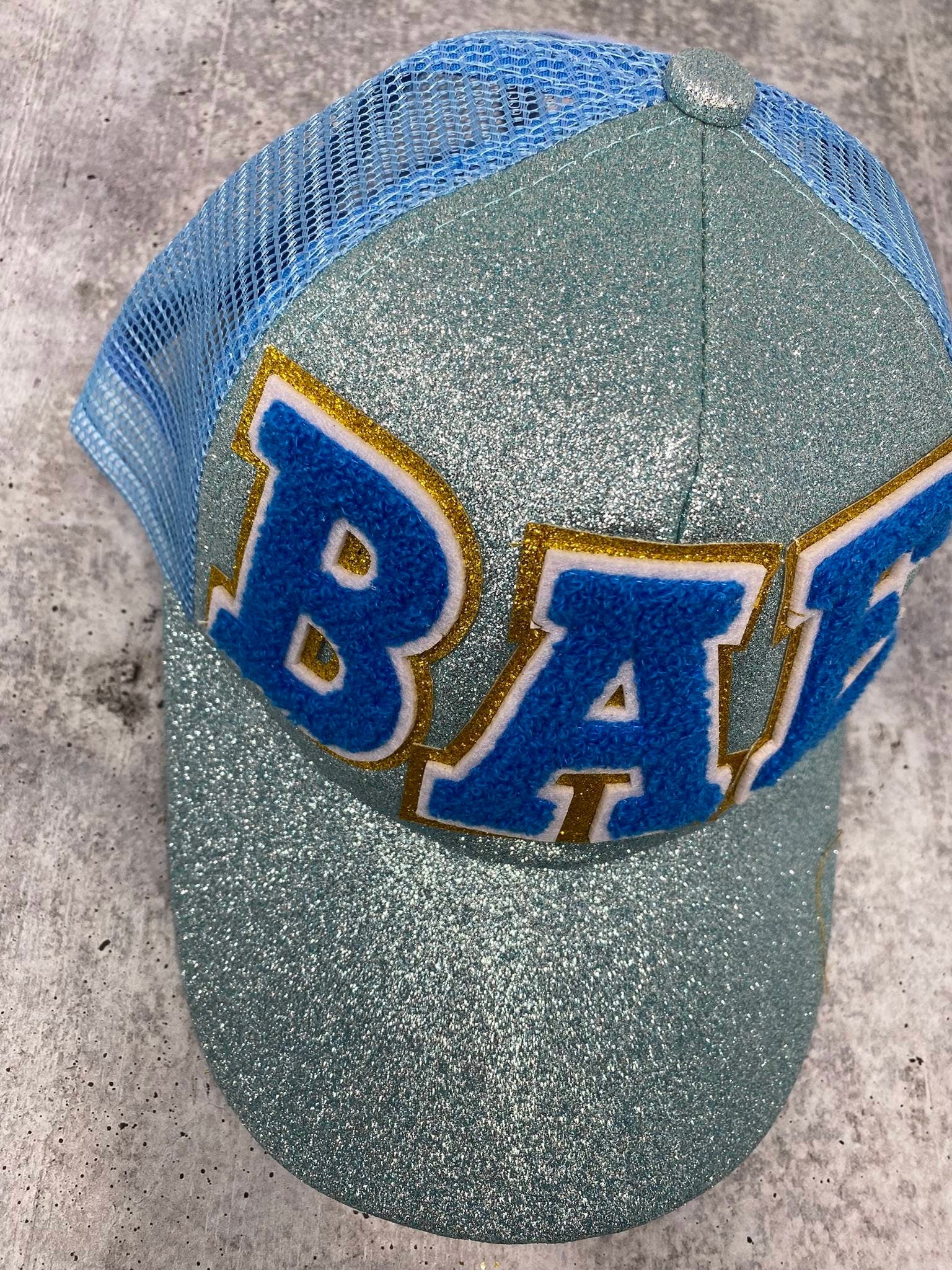 Chenille "BAE" Blue/Gold/White Messy Bun/Ponytail Hat, Glitter Hat, Cute Bad Hair Day Hat, Fashionable Hat for Spring and Summer Hairstyle