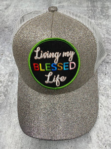 Cute Glitter Ponytail Hat, w/"Living My Blessed Life" Color Patch, Sparkling Bad Hair Day Hat, Cute Hat for Sunblocking, & Summer Hairstyle