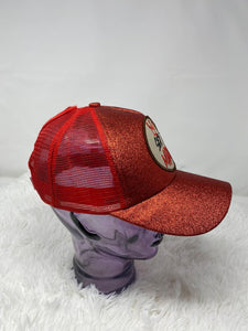 Red Glitter Ponytail Hat, w/"Self-Made" Beige/Red/Black Patch, Sparkling Bad Hair Day Hat, Cute Hat for Sunblocking, & Summer Hairstyles