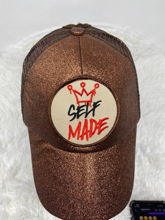 Brown Glitter Ponytail Hat, w/"Self-Made" Beige/Red/Black Patch, Sparkling Bad Hair Day Hat, Cute Hat for Sunblocking, & Summer Hairstyles