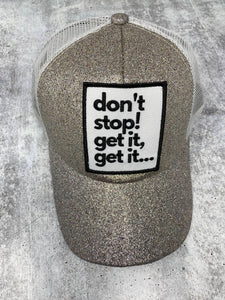Cute SILVER Glitter, Ponytail Hat, w/"Don't Stop Get It" Patch, Sparkling Bad Hair Day Hat, Cute Hat for Sunblocking, & Summer Hairstyles