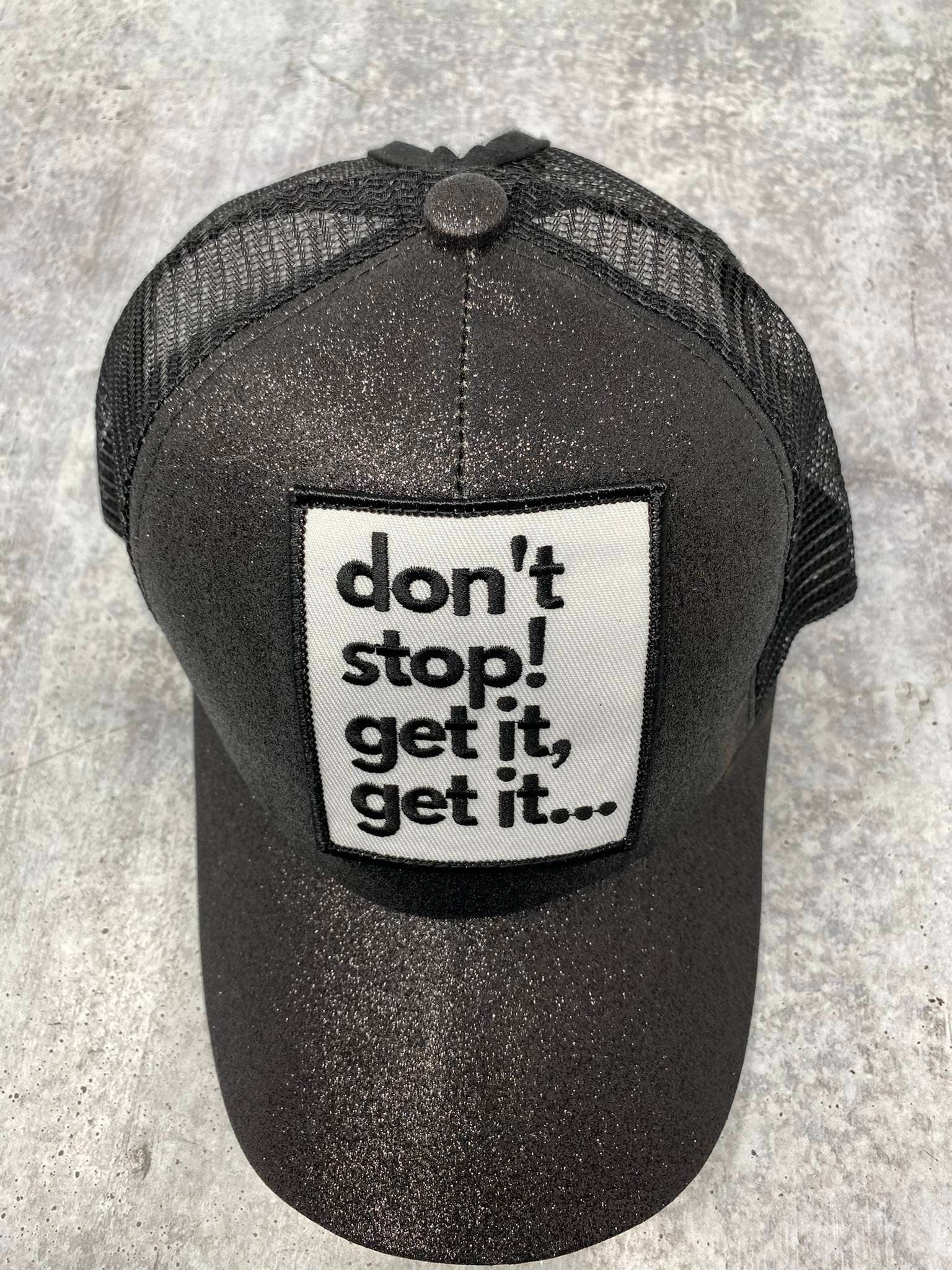Cute BLACK Glitter, Ponytail Hat, w/"Don't Stop Get It" Patch, Sparkling Bad Hair Day Hat, Cute Hat for Sunblocking, & Summer Hairstyles
