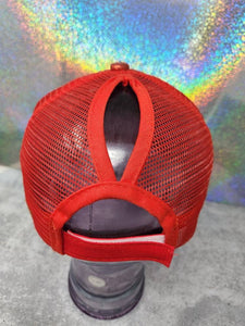 Exclusive,"God's Masterpiece" RED Glitter Messy Bun/Ponytail Hat, Glitter Hat, Sparkling Bad Hair Day Hat, Gift for Her, Baseball Cap
