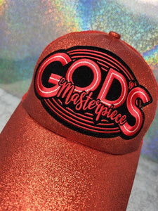 Exclusive,"God's Masterpiece" RED Glitter Messy Bun/Ponytail Hat, Glitter Hat, Sparkling Bad Hair Day Hat, Gift for Her, Baseball Cap