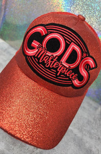Exclusive,"God's Masterpiece" RED Glitter Messy Bun/Ponytail Hat, Glitter Hat, Sparkling Bad Hair Day Hat, Gift for Her, Baseball Cap