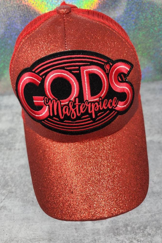 Exclusive,"God's Masterpiece" RED Glitter Messy Bun/Ponytail Hat, Glitter Hat, Sparkling Bad Hair Day Hat, Gift for Her, Baseball Cap