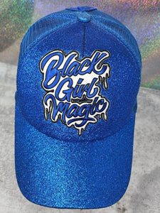 Exclusive,"Black Girl Magic" BLUE & White Glitter Messy Bun/Ponytail Glitter Hat, Sparkling Bad Hair Day Hat, Gift for Her, Baseball Cap