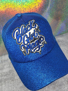 Exclusive,"Black Girl Magic" BLUE & White Glitter Messy Bun/Ponytail Glitter Hat, Sparkling Bad Hair Day Hat, Gift for Her, Baseball Cap