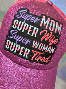 New, "Super Mom, Super Wife, Super Tired" Purple Messy Bun/Ponytail Glitter Hat, Sparkling Bad Hair Day Hat, Gift for Her, Fashionable Hats