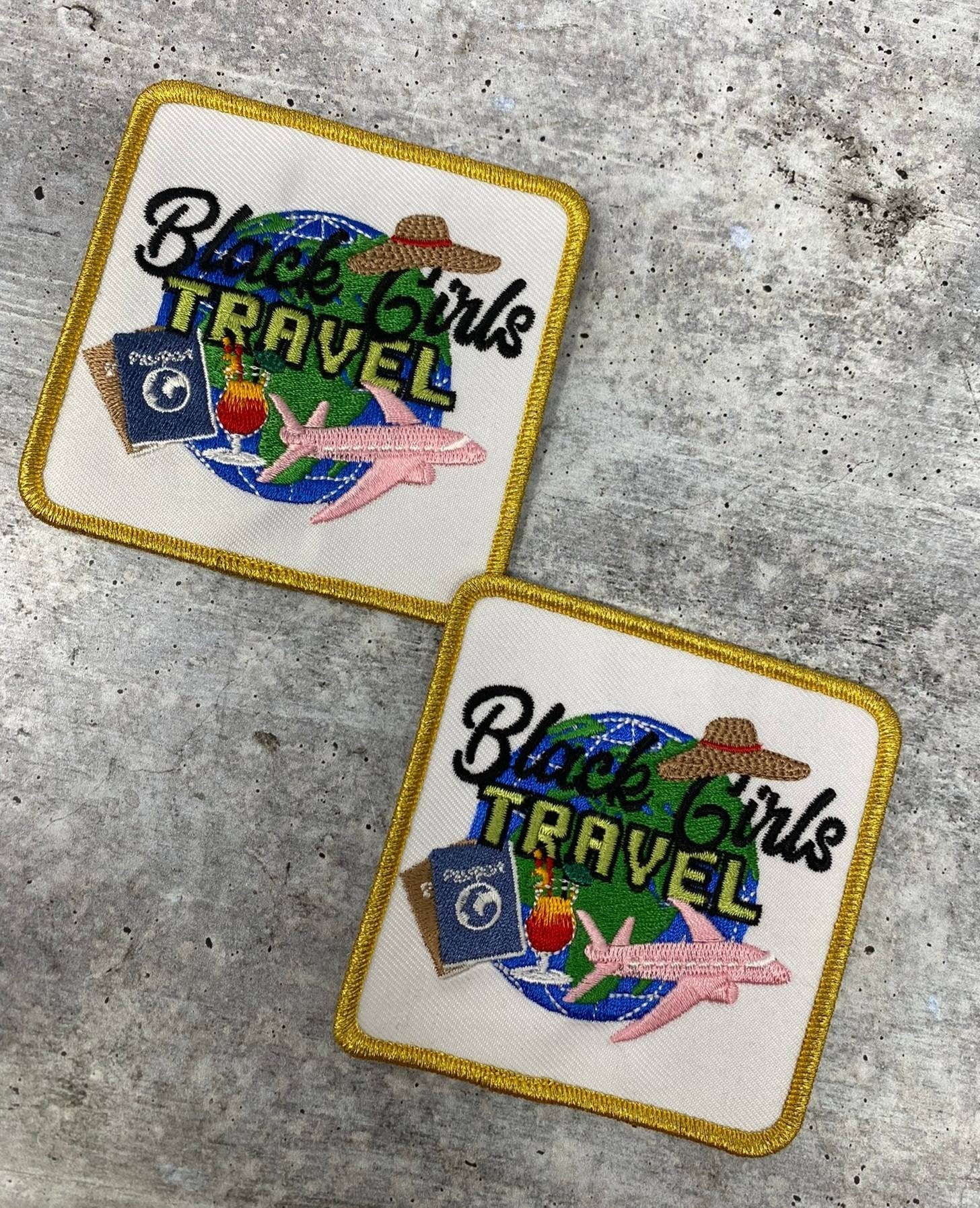 Wanderlust "Black Girls Travel" Iron-on Patch, Size 3"x3" with Metallic Gold, Embroidered Patch for Jackets, Hats, & Crocs, Small Patch