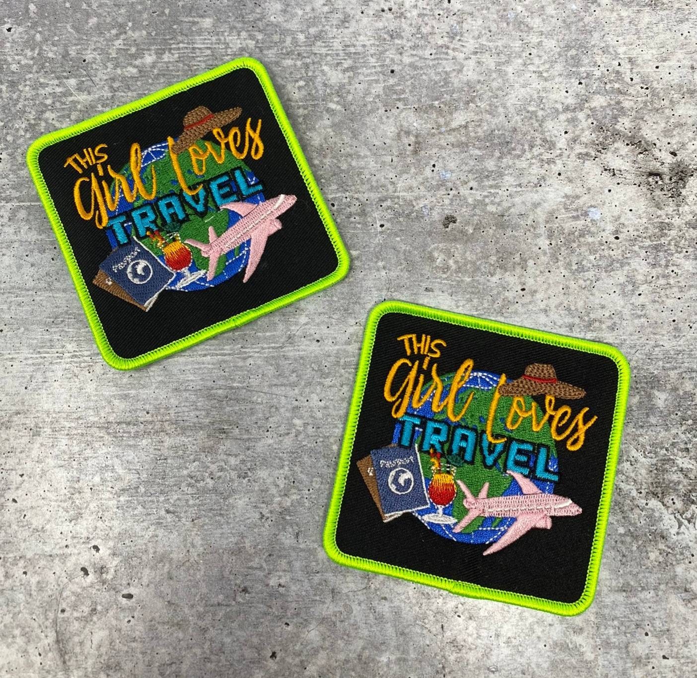 New "This Girl Loves Travel" Iron-on Patch, Size 3"x3" with Metallic Gold, Embroidered Patch for Jackets, Hats, & Crocs, Small Patch