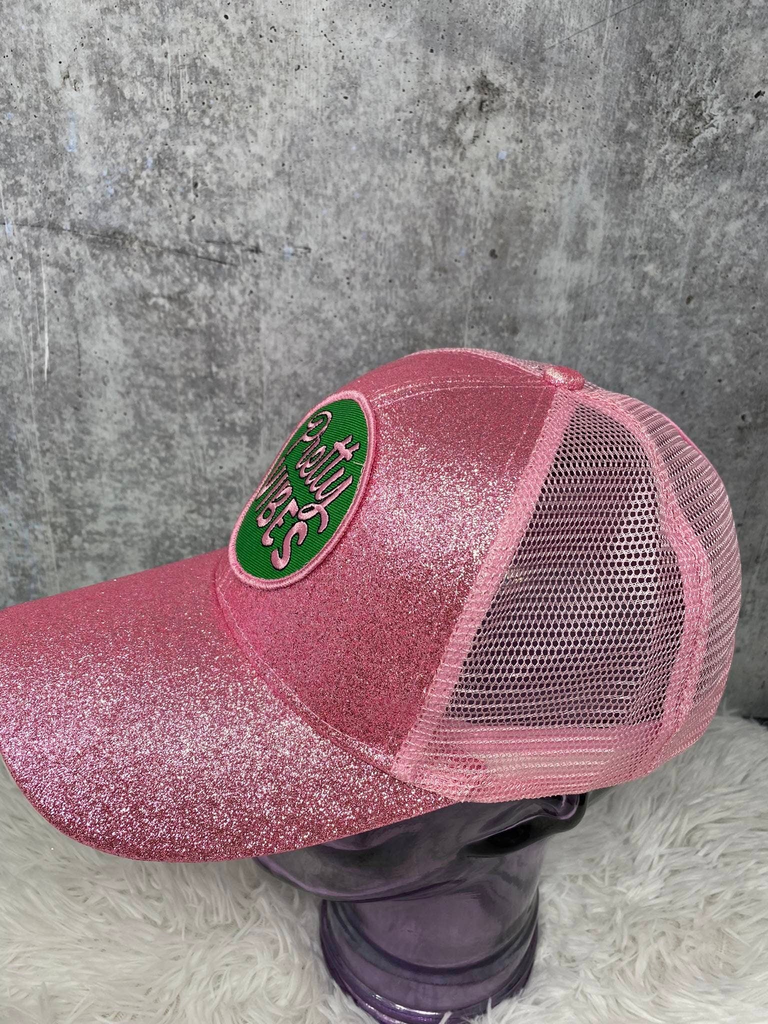 Pink & Green,"Pretty Vibes" Glitter Messy Bun/Ponytail Hat, Sparkling Bad Hair Day Hat, Gifts for Sorority Girl, Cute Summer Hat w/Patch