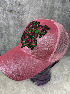 Pink & Green, Drippin "Black Girl Magic" Glitter Messy Bun/Ponytail Hat, Bad Hair Day Hat, Gifts for Sorority Girl, Cute Summer Hat w/Patch