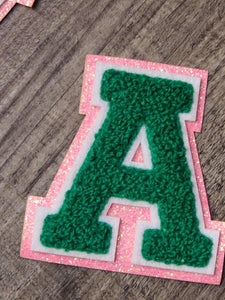 1-pc Green Letter "A" Chenille & Pink Glitter, w/ White Felt, Size 2.75" Varsity Letter Patch with Iron-on Backing, Small Chenille Letters
