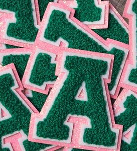 1-pc Green Letter "A" Chenille & Pink Glitter, w/ White Felt, Size 2.75" Varsity Letter Patch with Iron-on Backing, Small Chenille Letters