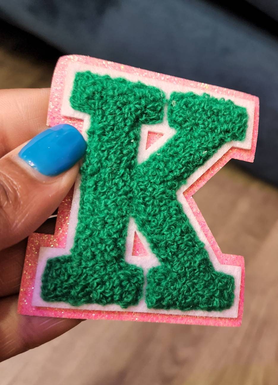 1-pc Green Letter K Chenille & Pink Glitter, w/ White Felt, Size 2.75  Varsity Letter Patch with Iron-on Backing, Small Chenille Letters