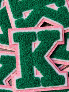 1-pc Green Letter "K" Chenille & Pink Glitter, w/ White Felt, Size 2.75" Varsity Letter Patch with Iron-on Backing, Small Chenille Letters