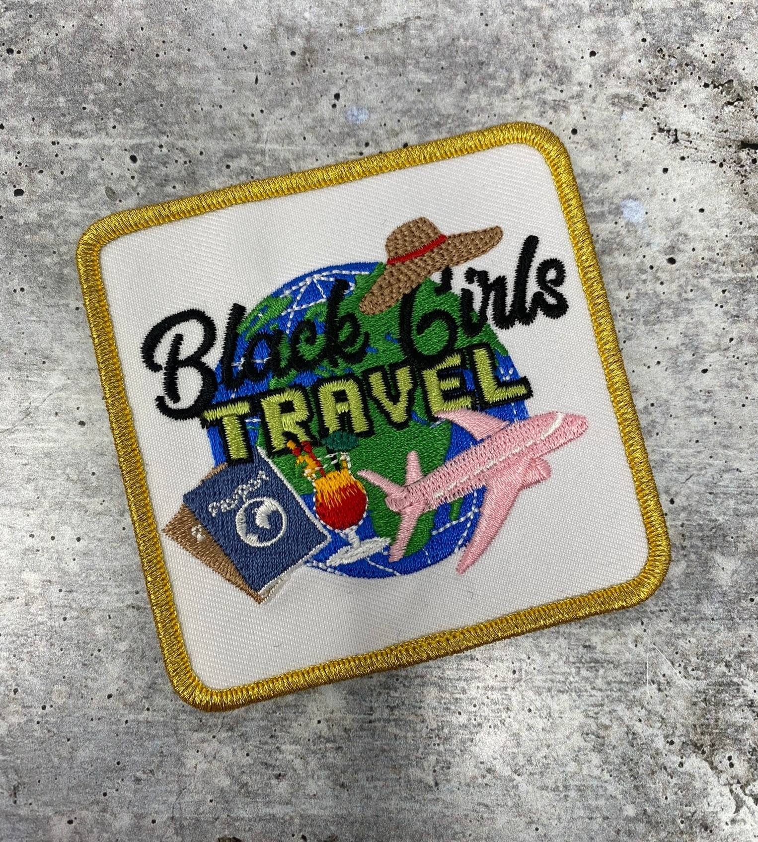 Wanderlust black Girls Travel Iron-on Patch, Size 3x3 With Metallic Gold,  Embroidered Patch for Jackets, Hats, & Crocs, Small Patch 