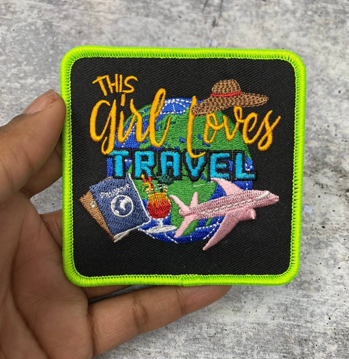 New "This Girl Loves Travel" Iron-on Patch, Size 3"x3" with Metallic Gold, Embroidered Patch for Jackets, Hats, & Crocs, Small Patch