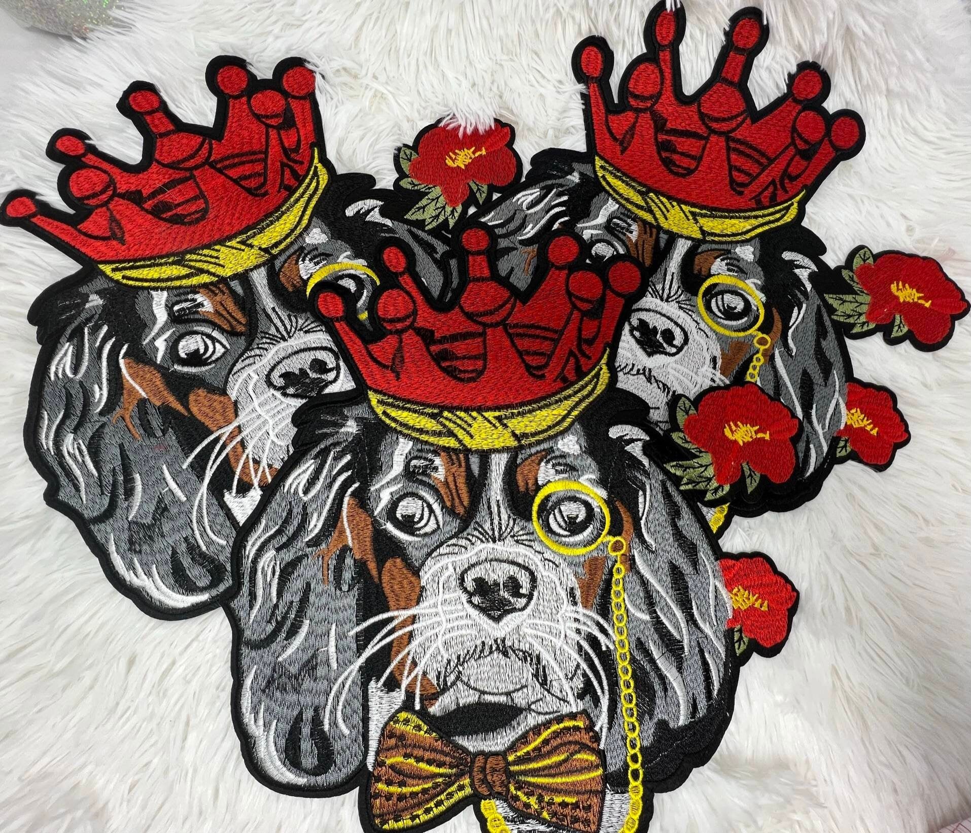 Exclusive, "Royal Crown Doggie" Large Embroidered Patch, Iron-on Applique, Patch for Men and Dog Lovers, 12" Back Patch for Jackets, Hoodies