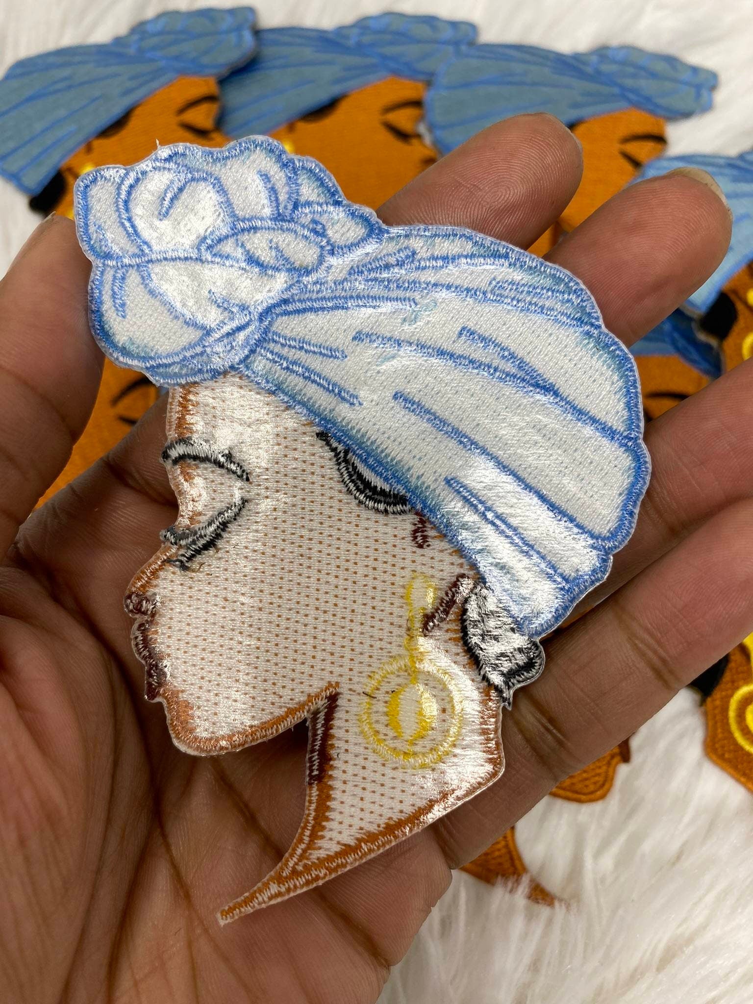 NEW, Meditating Cutie Embroidered Iron-on Patch, with "Aqua Blue Head Wrap" Size 4", Small Patch for Hats, Camos, Crocs, and Shoes