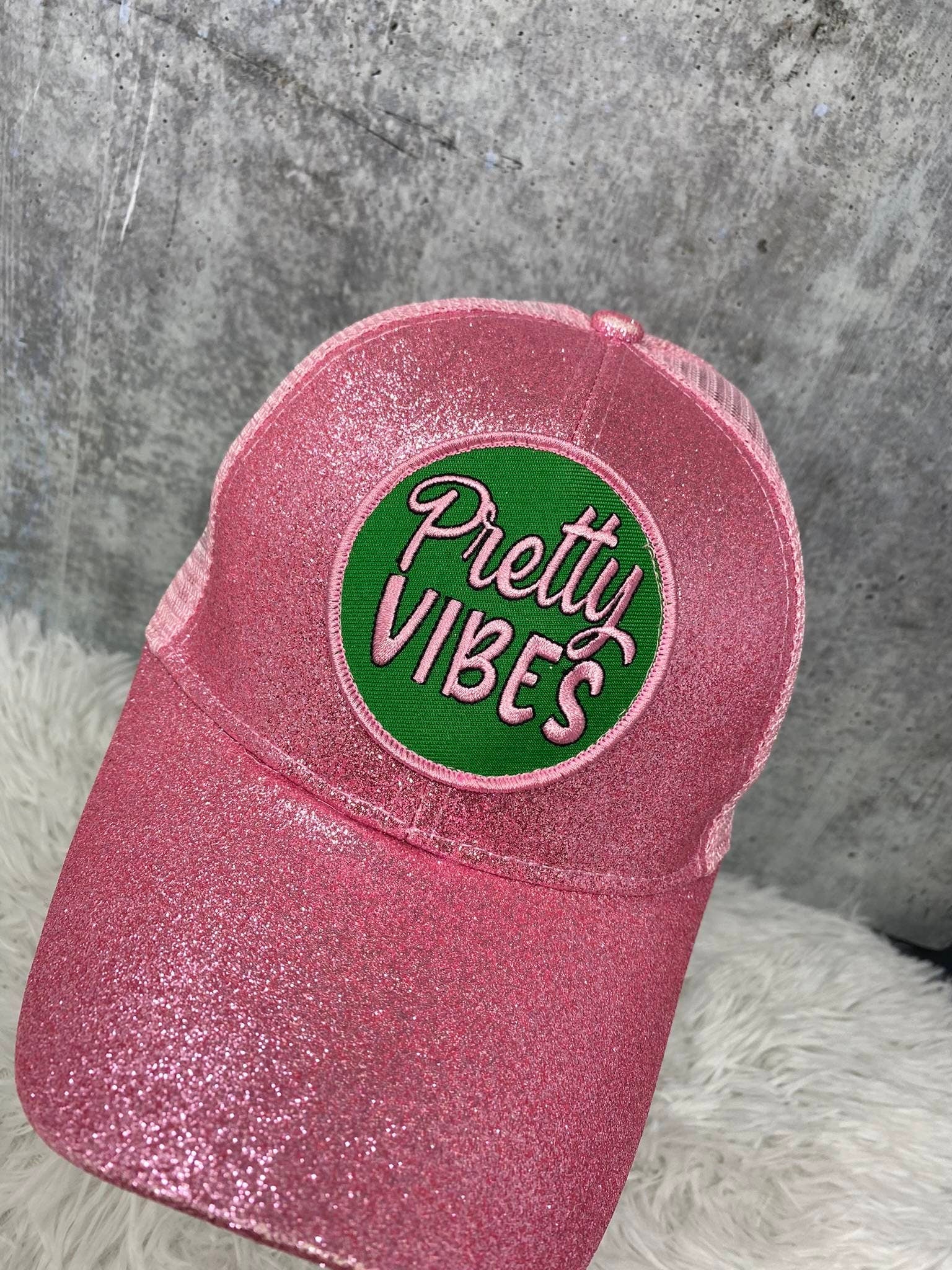 Pink & Green,"Pretty Vibes" Glitter Messy Bun/Ponytail Hat, Sparkling Bad Hair Day Hat, Gifts for Sorority Girl, Cute Summer Hat w/Patch