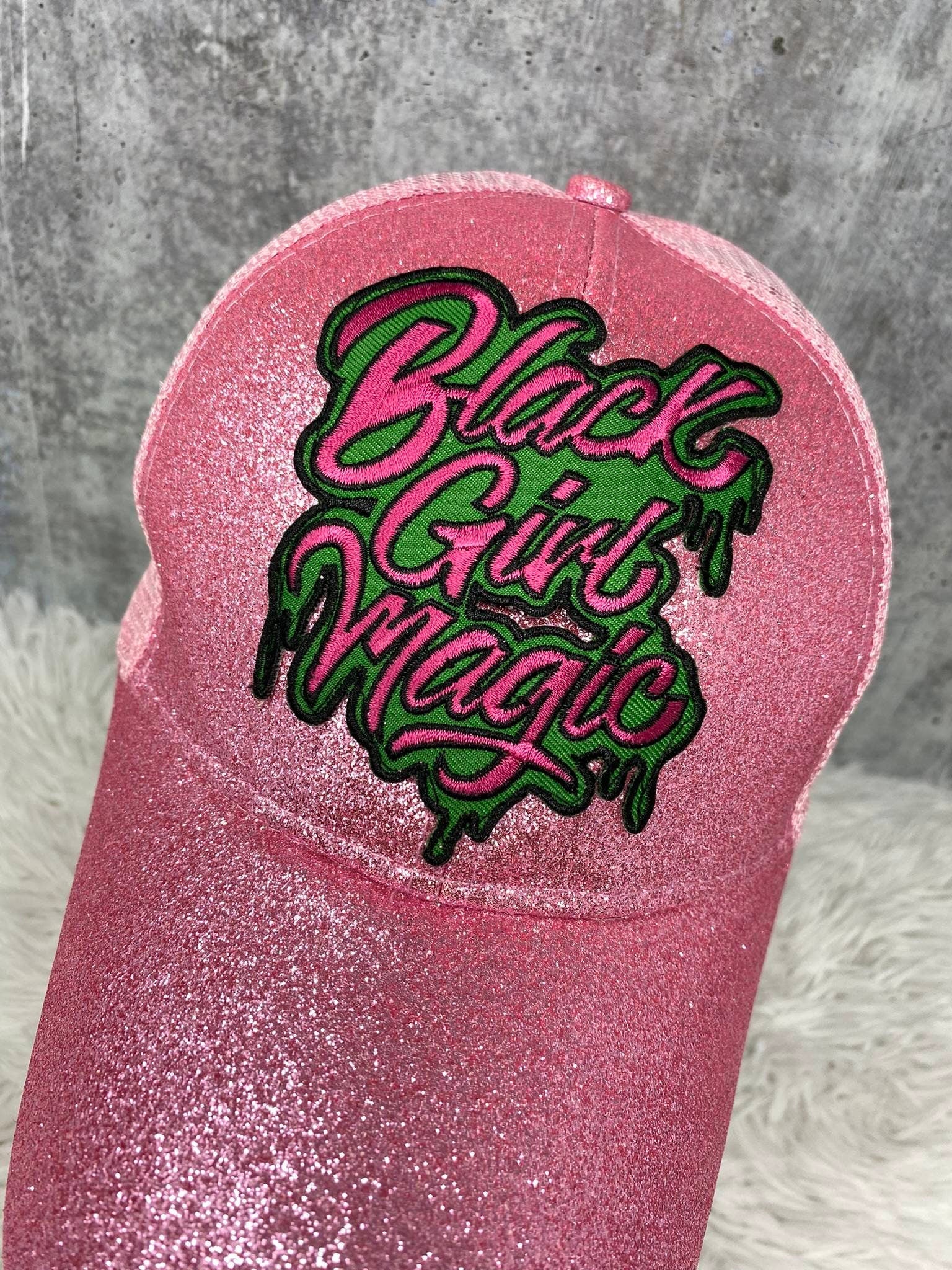Pink & Green, Drippin "Black Girl Magic" Glitter Messy Bun/Ponytail Hat, Bad Hair Day Hat, Gifts for Sorority Girl, Cute Summer Hat w/Patch