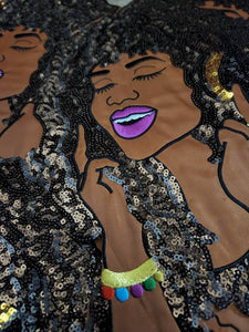 New, SEQUINS & Satin "Groovin to da Music" Large 10" Patch, Iron-on Applique, Bling Patch for Camo Jackets, Denim Jackets, Hoodies and More