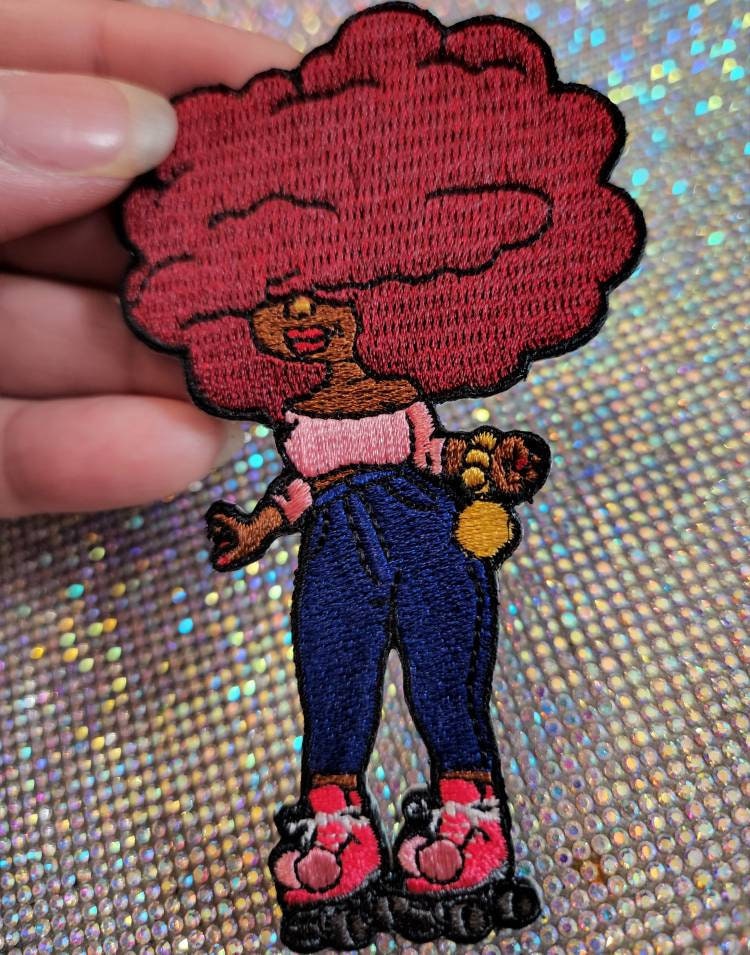 Cute Embroidered Patch, 1-pc "Roller Skating Honey"| Burgundy Afro w/Nose Ring, 4", Iron-on Patch for Clothing, Hats, Shoes, DIY Craft Patch