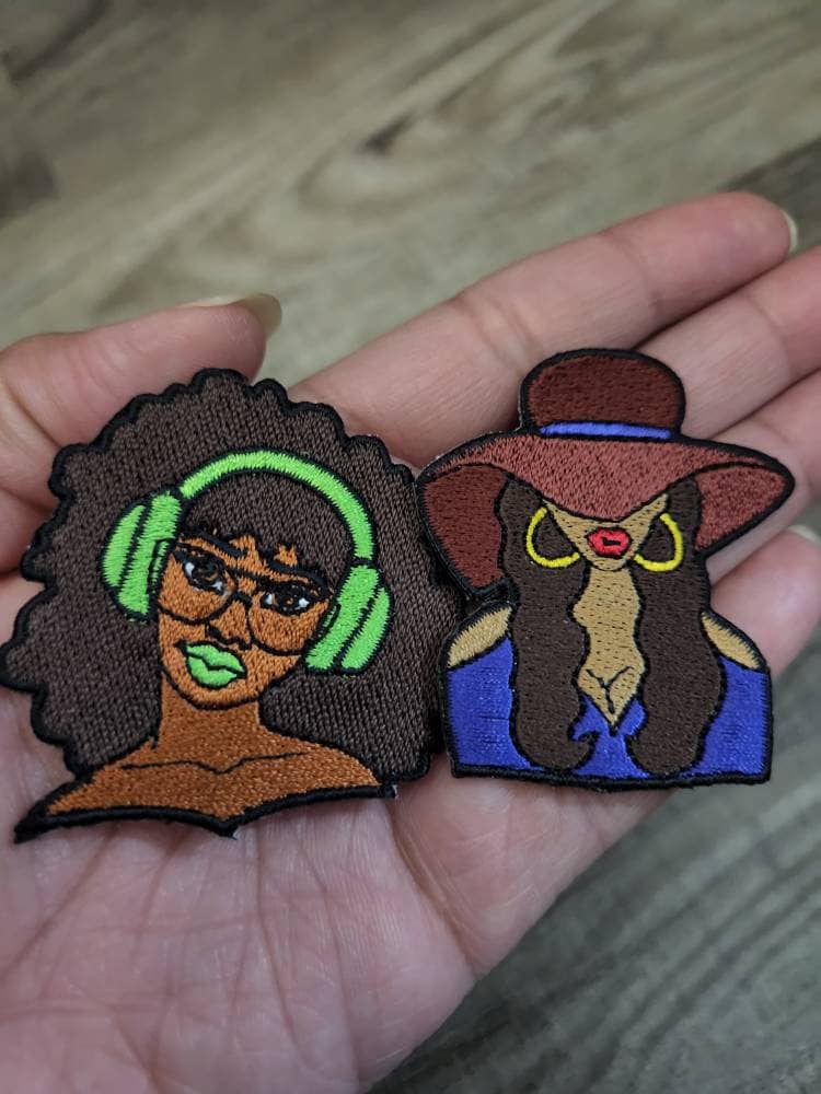 2-pc Set, Mini Patches "Headphone Chic & Fedora Cutie"|Size 2", Iron-on Patches for Shoes, Phone Cases, Makeup Bags, Clothing, Small Patch