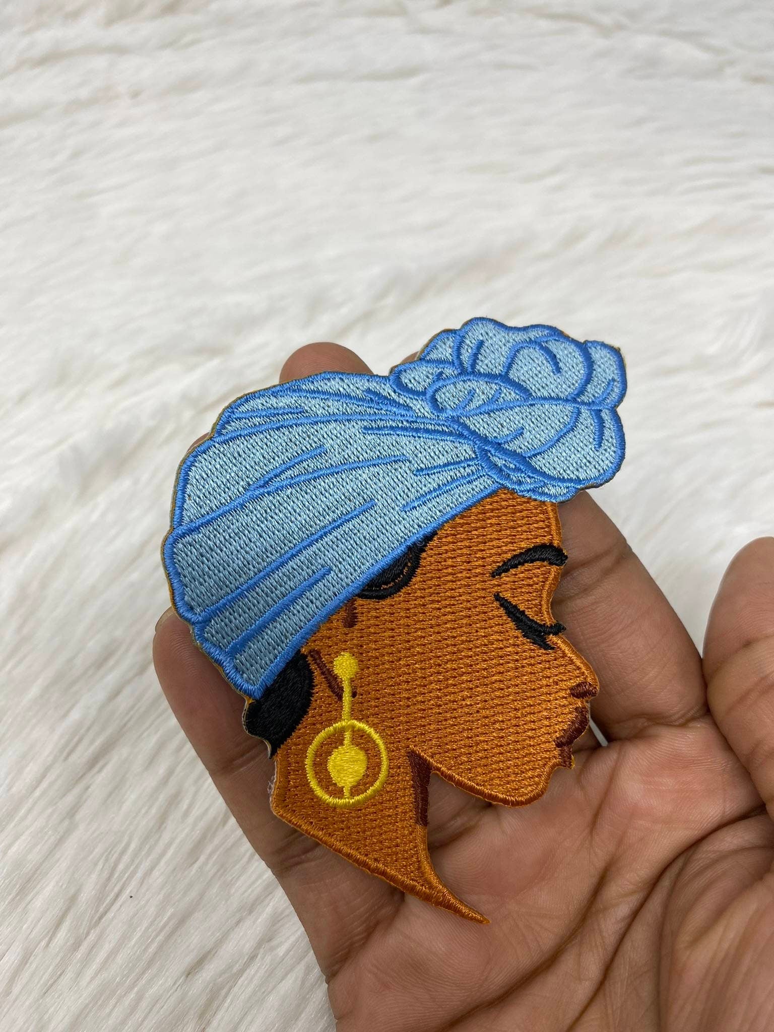 NEW, Meditating Cutie Embroidered Iron-on Patch, with "Aqua Blue Head Wrap" Size 4", Small Patch for Hats, Camos, Crocs, and Shoes