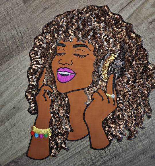 New, SEQUINS & Satin "Groovin to da Music" Large 10" Patch, Iron-on Applique, Bling Patch for Camo Jackets, Denim Jackets, Hoodies and More