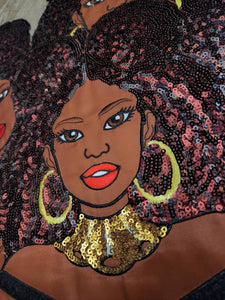 New,"Afro Puff Diva" Sequins, Embroidery, & Satin, 10" Patch, Iron-on Applique, Large Back Patch, Cute Patch for Camo, Denim, and Clothing