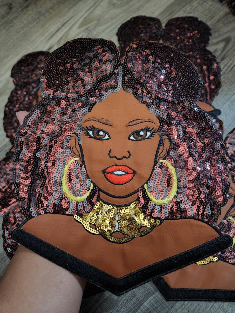 New,"Afro Puff Diva" Sequins, Embroidery, & Satin, 10" Patch, Iron-on Applique, Large Back Patch, Cute Patch for Camo, Denim, and Clothing