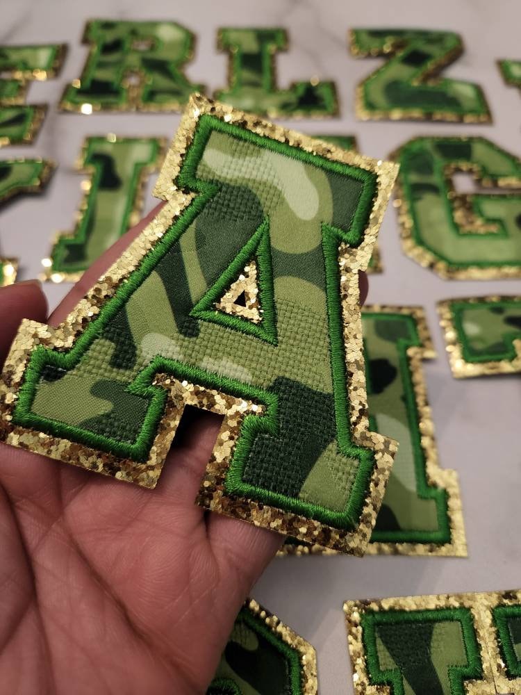 Exclusive, Camo Print Letters  w/Gold Glitter, Size 2.75" Varsity Letter Patch w/ Iron-on Backing, A-Z Letters, Letters for DIY, Hat Jacket