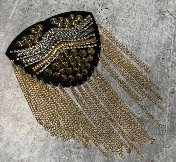 Golden Decorative Shoulder Brooch Set, w/Bling, & Decorative Studded Rivets, Epaulette for Blazers, Jackets, and More, Stylish Accessories