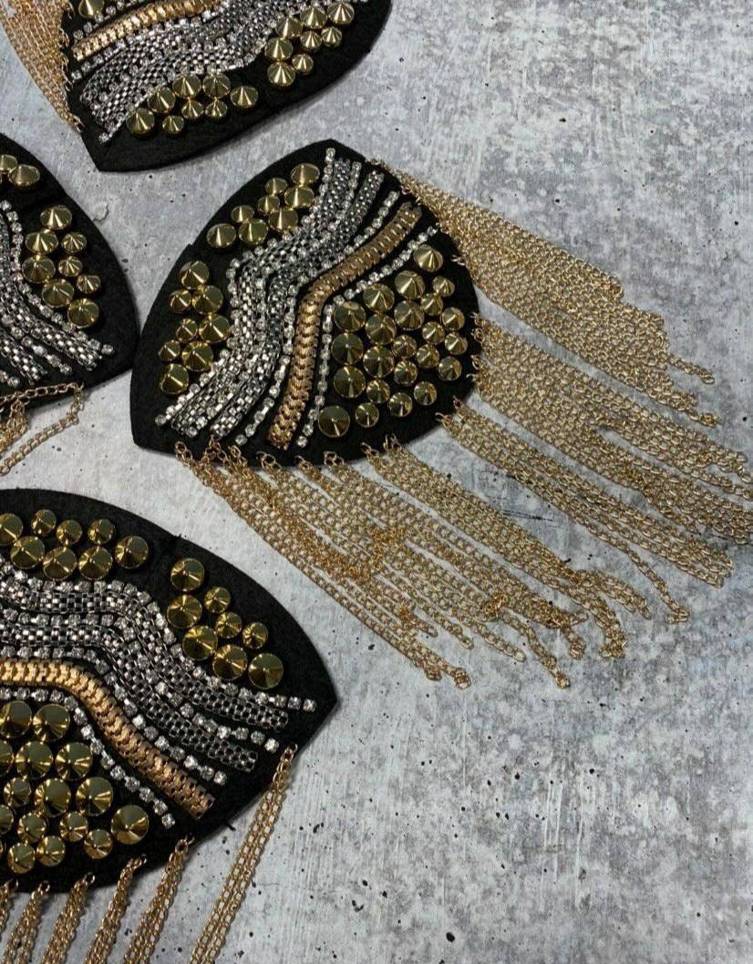 Golden Decorative Shoulder Brooch Set, w/Bling, & Decorative Studded Rivets, Epaulette for Blazers, Jackets, and More, Stylish Accessories