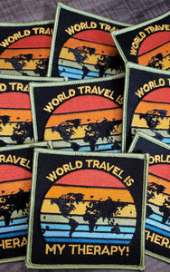New "World Travel is My Therapy" Iron-on Patch, Size 3"x3" with Vibrant Globe, Embroidered Patch for Jackets, Hats, & Crocs, Small Patch