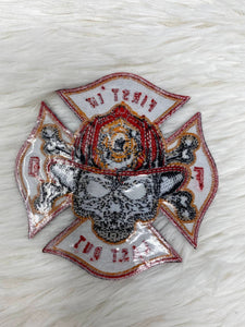 NEW Firefighter Patch, "First In, Last Out," First Responder Gift Idea, 1-pc Iron-on Embroidered Fire Skull Applique, Size 4", Fire Badge