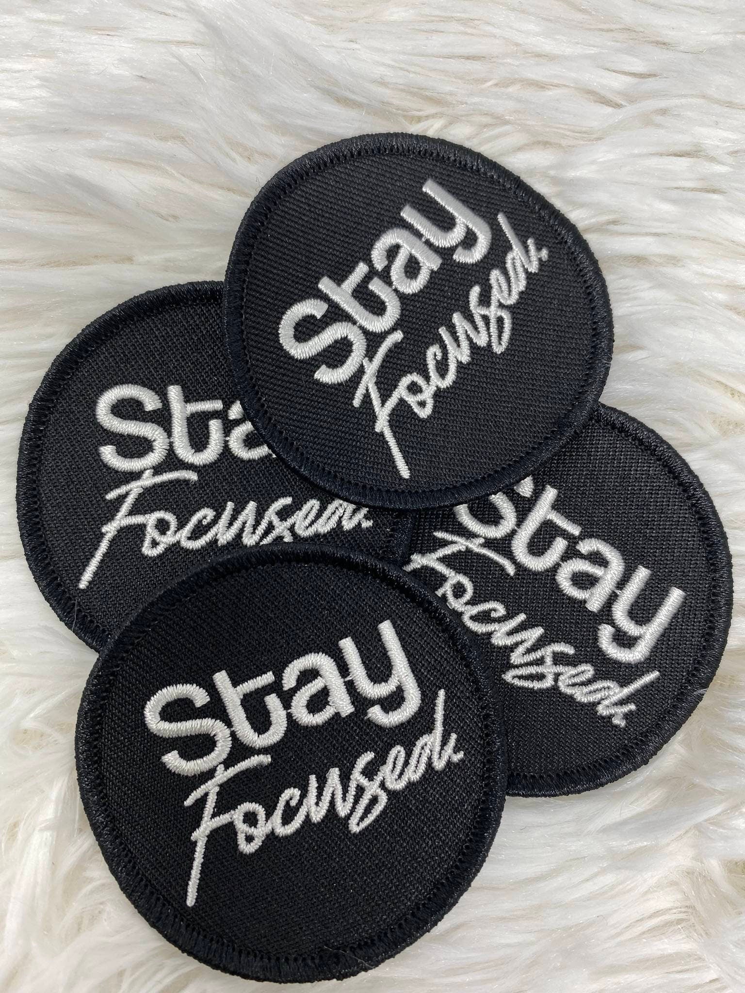 Inspirational,"Stay Focused" Black & White, Iron-on Embroidered Badge, Size 2.75", Minimalist Patch for Hats, Crocs, Apparel and Accessories