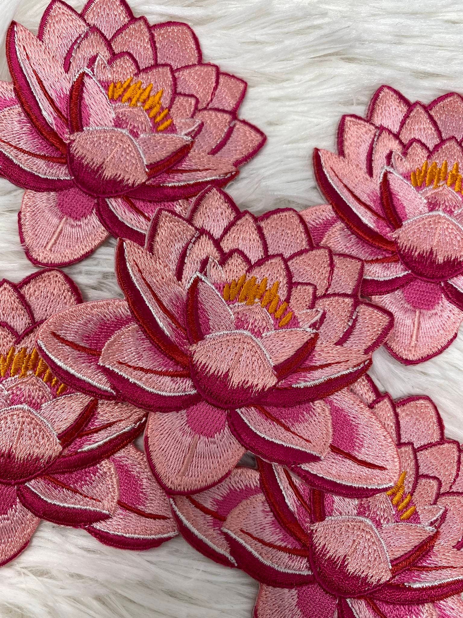 Pink, 4" Lotus Flower, 1 pc Embroidered Patch, Iron-on Floral Patch for Jackets, Hats, Crocs, and More