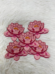 Pink, 4" Lotus Flower, 1 pc Embroidered Patch, Iron-on Floral Patch for Jackets, Hats, Crocs, and More