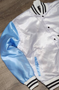 Limited Edition: Satin, Carolina Blue Arms, White Body, Blk Stripes, Varsity Jacket with Ribbed Cuffs, Interior Zipper, Starter Sport Jacket
