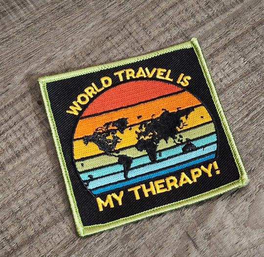 New "World Travel is My Therapy" Iron-on Patch, Size 3"x3" with Vibrant Globe, Embroidered Patch for Jackets, Hats, & Crocs, Small Patch