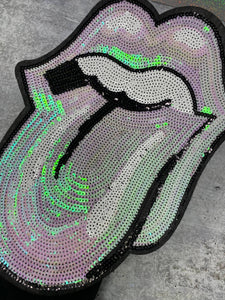 Sequins "Light Purple Irredescent" Lips & Tongue Kiss Patch, Iron-on, Size 13" x 9", LARGE Bling Patch for Denim Jacket, Shirts, Hoodies