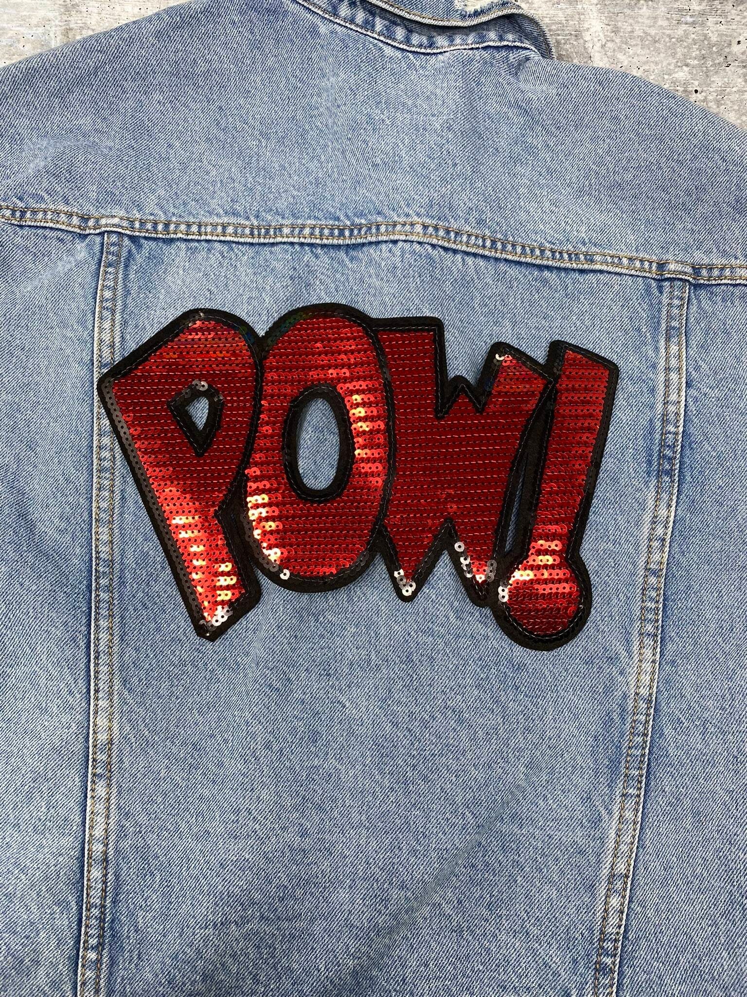 NEW, Red "POW!" Sequins Sparkling Patch, Large Applique, Statement Patch, Iron-on, Size 10"x6", DIY Jacket, Varsity Jacket, Camo, Hoodie