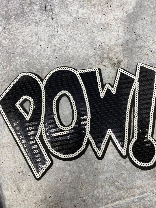 NEW, Black & White "POW!" Sequins Sparkling Patch, Large Applique, Statement Patch, Iron-on, Size 10"x6", DIY Jacket, Varsity Jacket, Camo