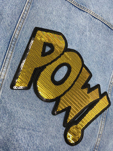 NEW, Gold "POW!" Sequins Sparkling Patch, Large Applique, Statement Patch, Iron-on, Size 10"x6", DIY Jacket, Varsity Jacket, Camo
