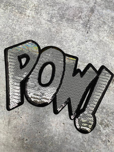 NEW, Silver "POW!" Sequins Sparkling Patch, Large Applique, Statement Patch, Iron-on, Size 10"x6", DIY Jacket, Varsity Jacket, Camo