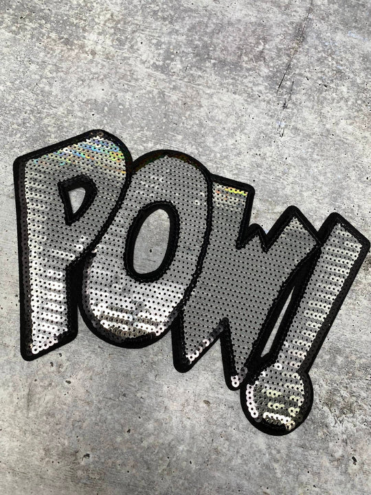 NEW, Silver "POW!" Sequins Sparkling Patch, Large Applique, Statement Patch, Iron-on, Size 10"x6", DIY Jacket, Varsity Jacket, Camo
